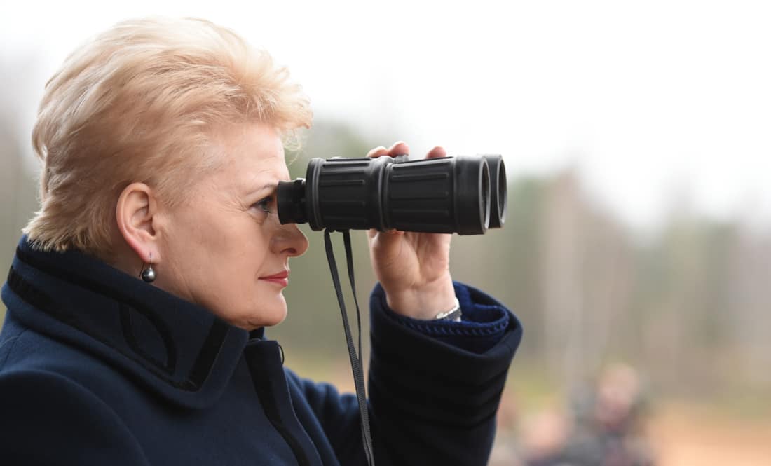 Prezidentė žvelgia į Rytų pusę, iš kur bet kurią akimirką gali pasirodyti priešas. Nuotr. prezidentas.lt