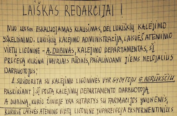 Laiškas apie negeroves Lukiškių kalėjime