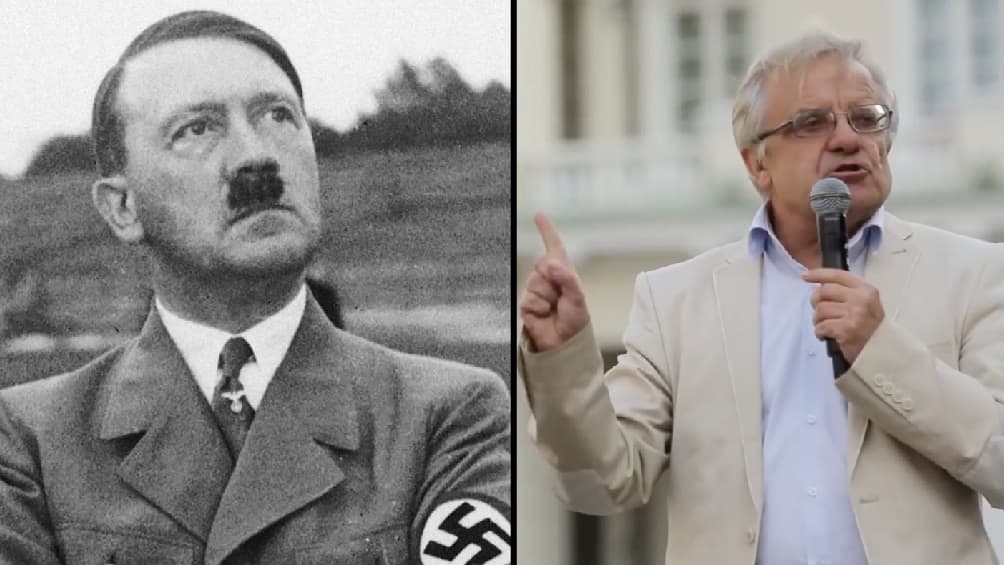 Kairėje - nacių lyderis Adolfas Hitleris. Dešinėje - partijos „Nacionalinis susivienijimas“ vadovas Vytautas Radžvilas.