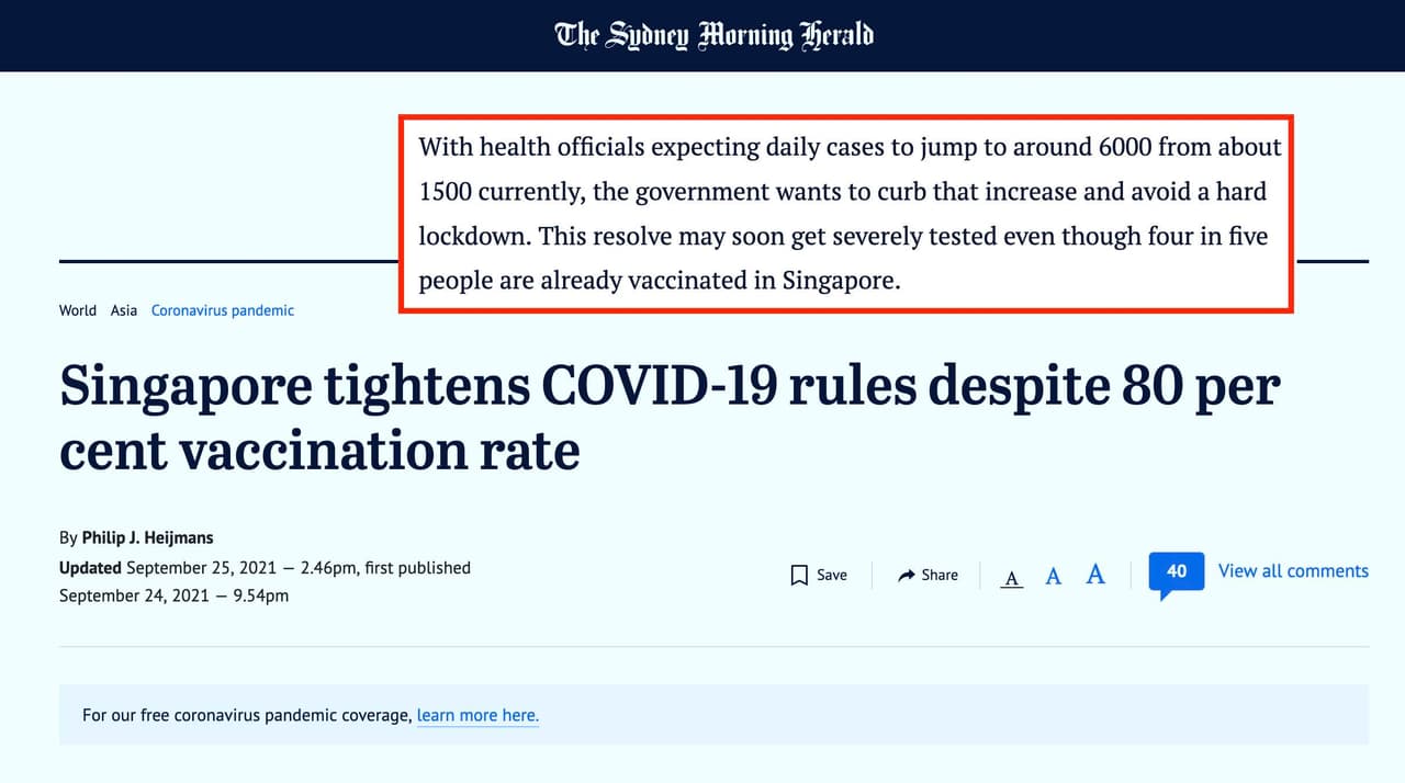 Nors Singapūre išvakcinuoti 84 proc. žmonių, susirgimų sparčiai daugėja