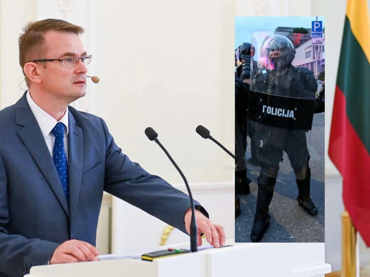 Lietuvos operacijų vadovas Arūnas Dulkys. Dešinėje - riaušių policininkas.