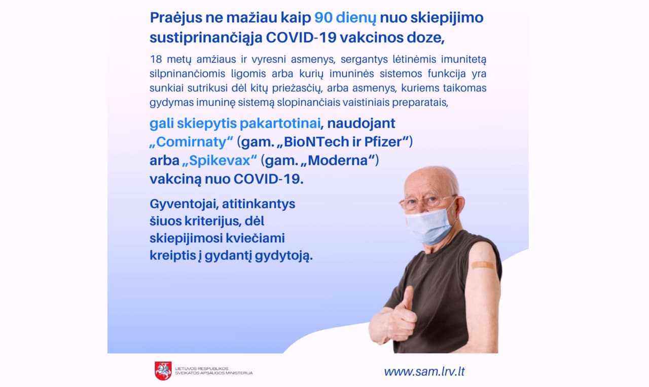 Lietuvoje įsibėgėja vakcinavimas ketvirtąja sustiprinamąja doze nuo COVID-19 ligos