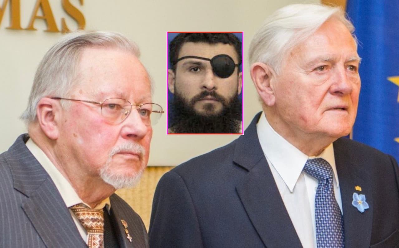 Slaptojo kankinimų kalėjimo įkūrėjas, prezidentas Valdas Adamkus (dešinėje). Kairėje - Lietuvos prezidentas Vytautas Landsbergis. Viduryje - V. Adamkaus kalėjime kankintas arabas.