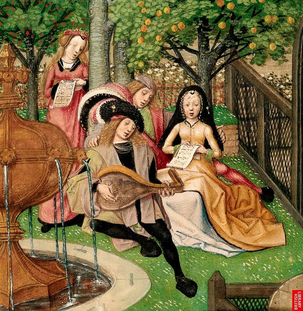 Malonumo sodas. Miniatiūros fragmentas iš „Meilės istorija apie rožę“. Briugė, 1490–1500. Harley 4425 BL.